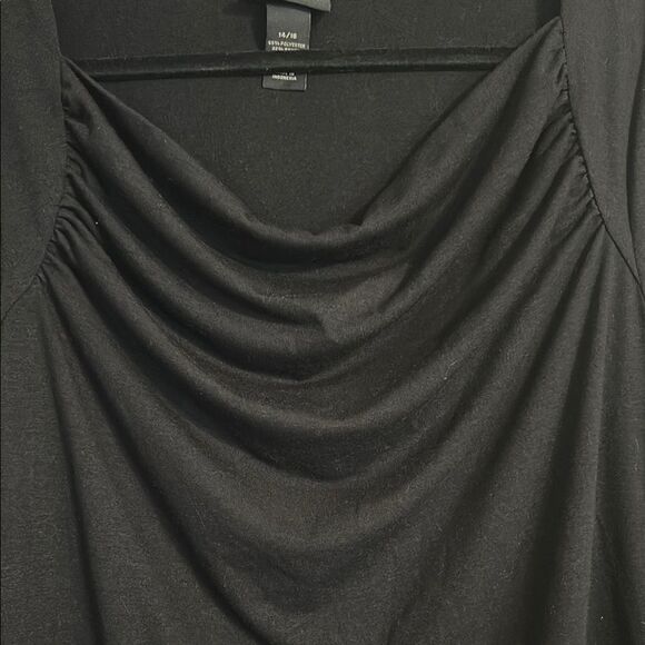 LANE BRYANT 14 16 Black Long Sleeve Ruched Tie Front Blouse Draped Neckline - Picture 2 of 6